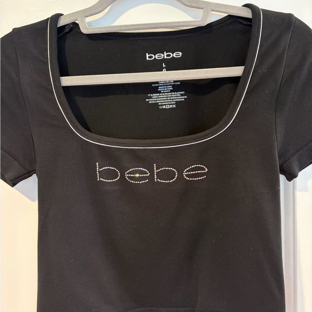 Bebe Black Short Sleeve Tee with Rhinestone Logo